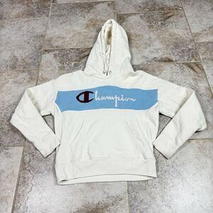 Champion Sweatshirt Mens Medium White Reverse Weave Hooded Crocheted Logo